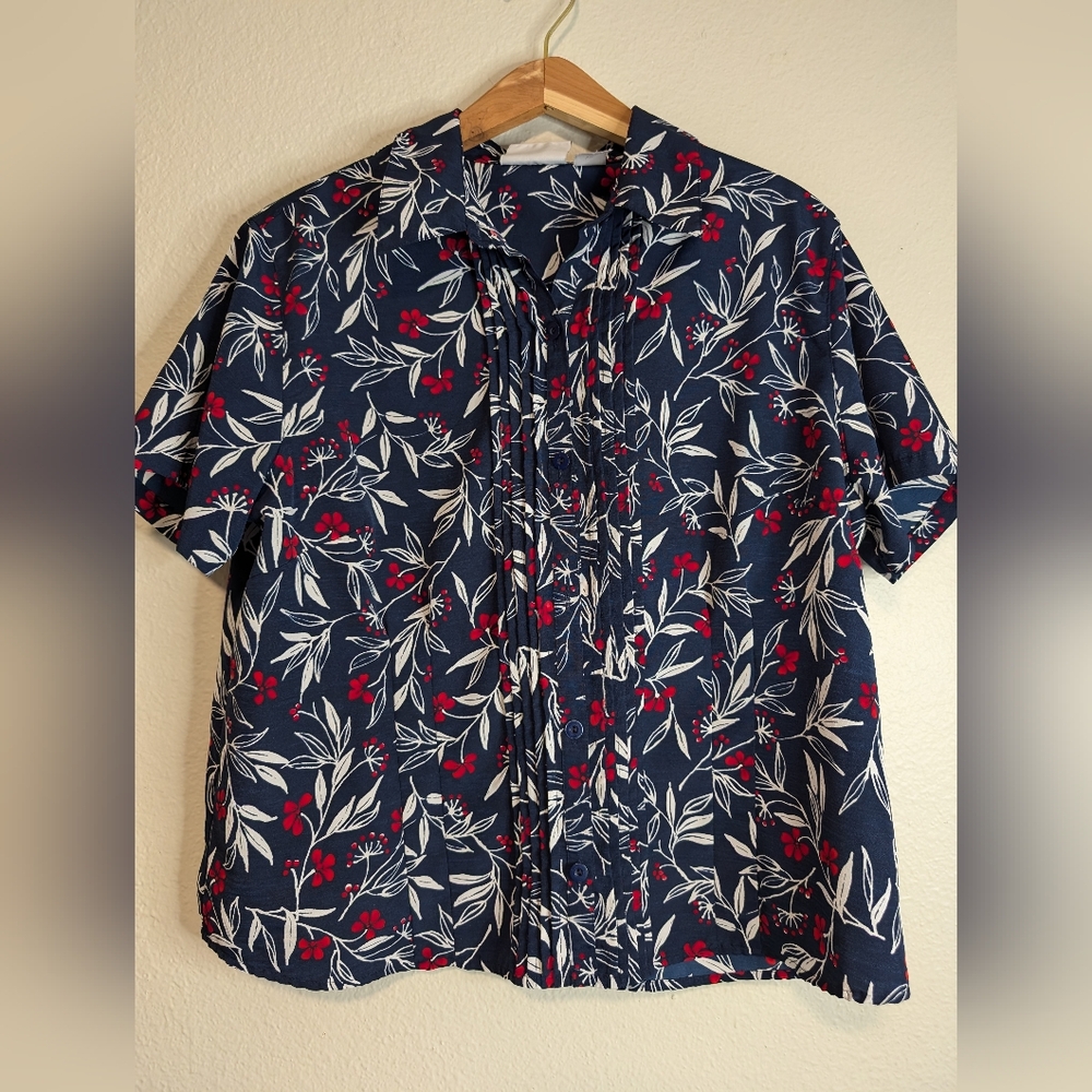 Alfred Dunner Red White And Blue Floral Short Sleeve Button Down Blouse Size 16